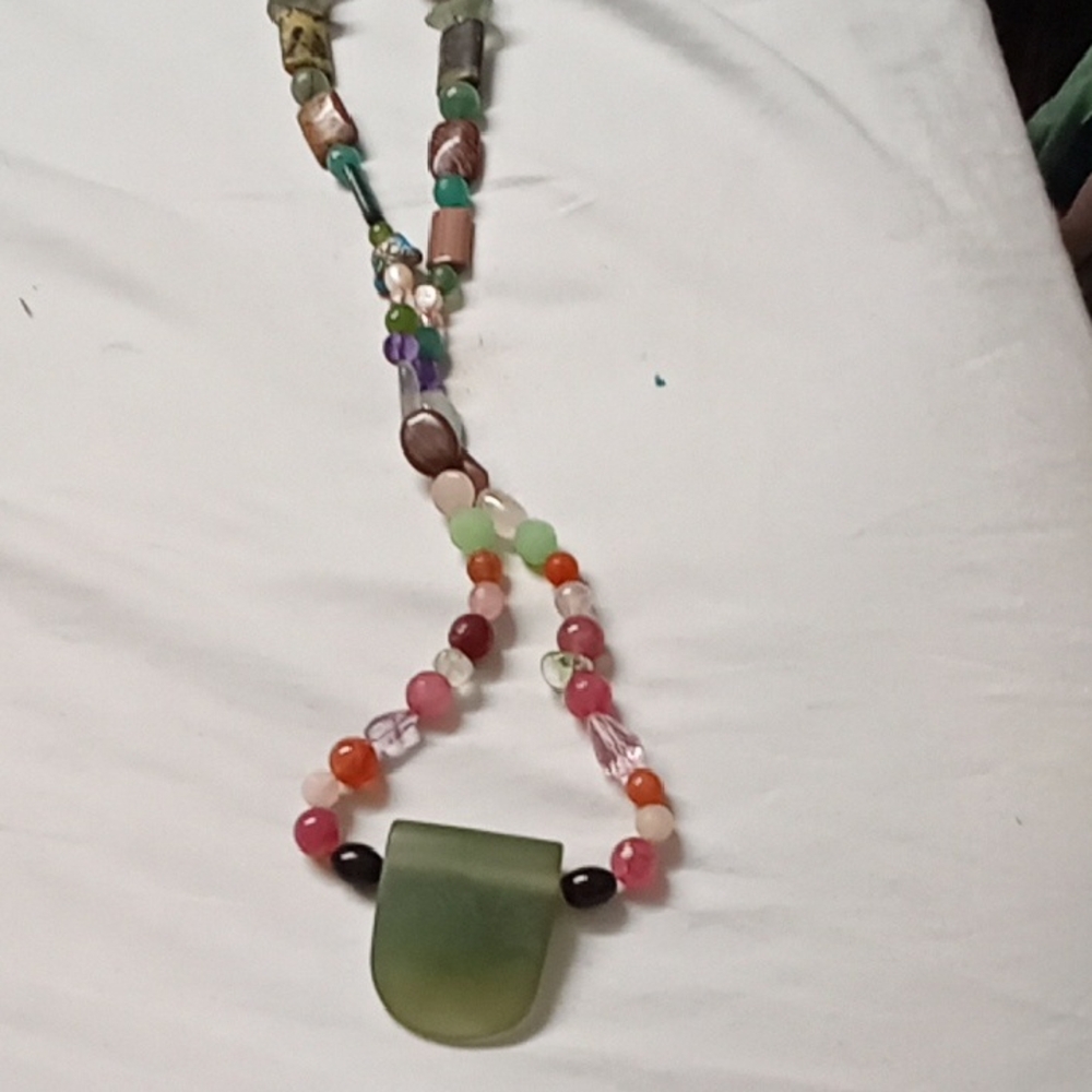 Multicolor Beaded Necklace with Green Pendant